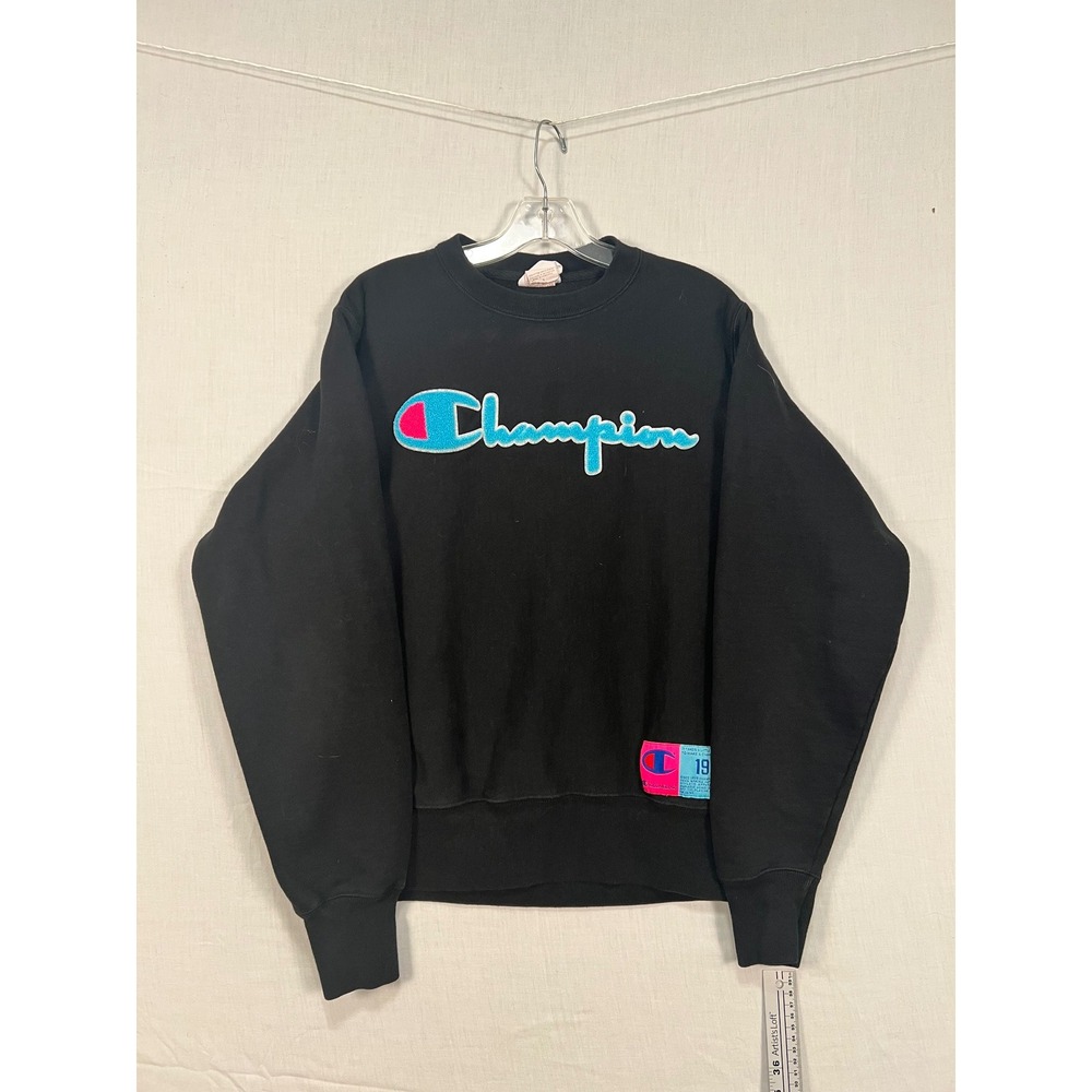 Champion Reverse Weave Black Chenille Logo Sweatshirt GF70 BKC Mens Small